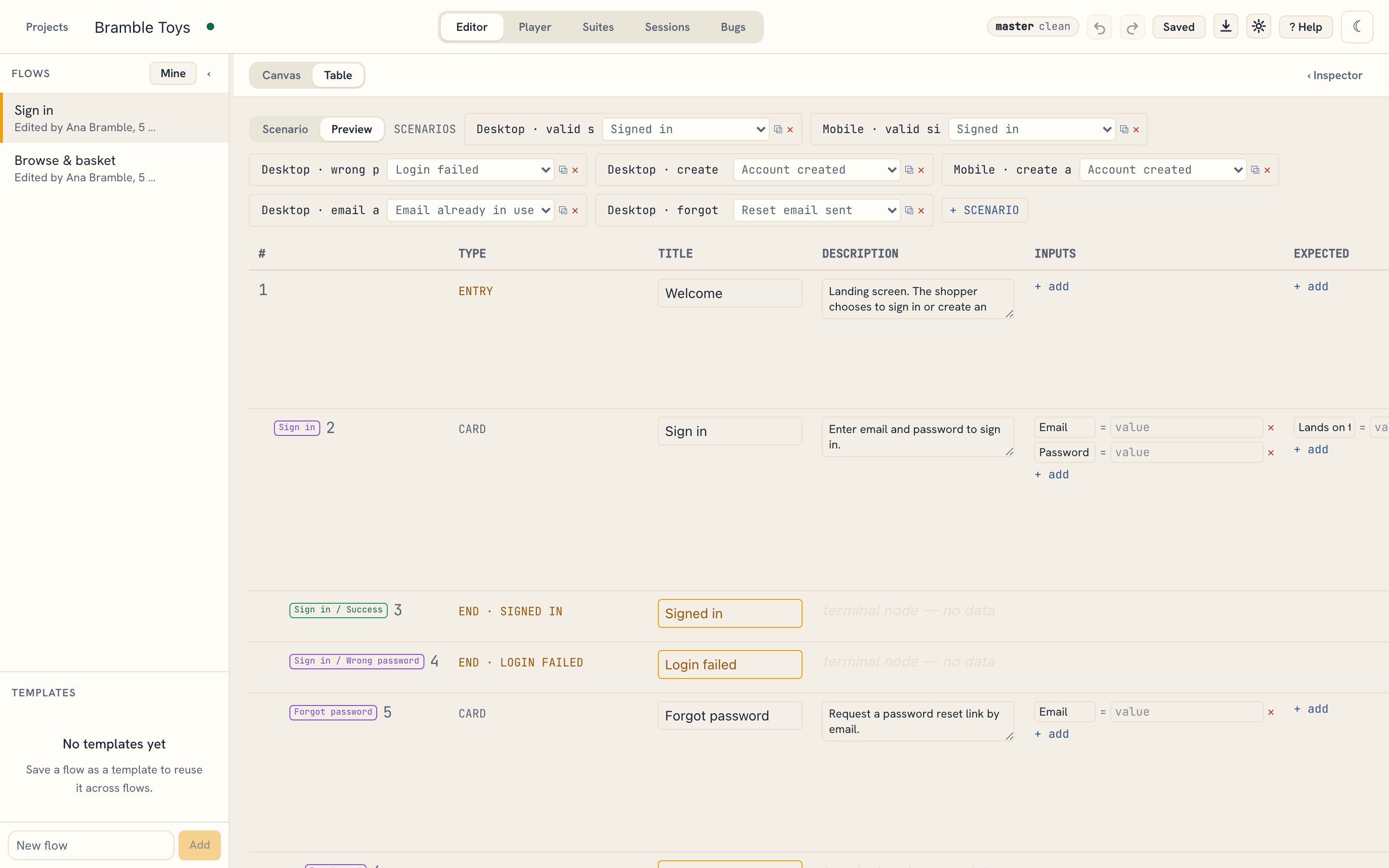 Table view of a flow listing cards, branches, and scenario values as rows.